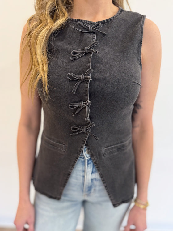 Aviva Bow Denim Vest in Black