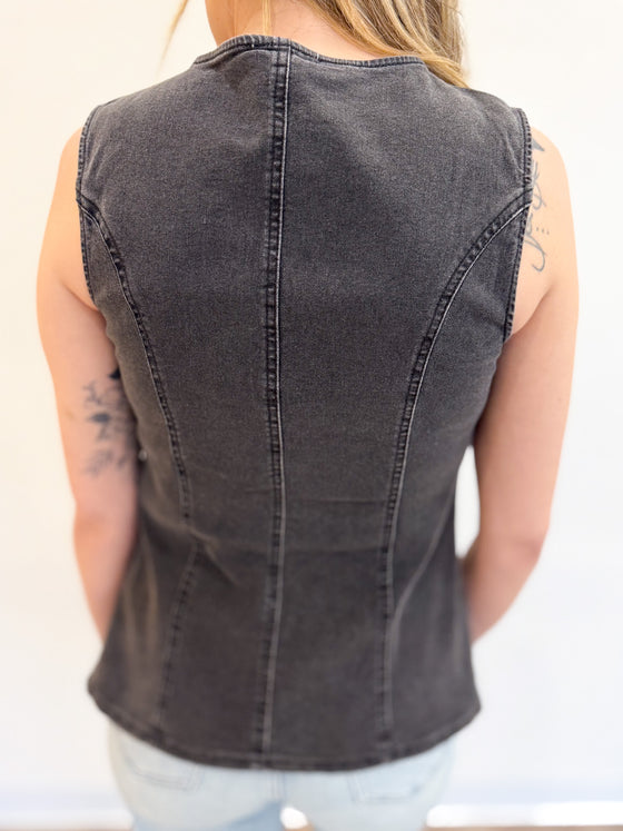 Aviva Bow Denim Vest in Black