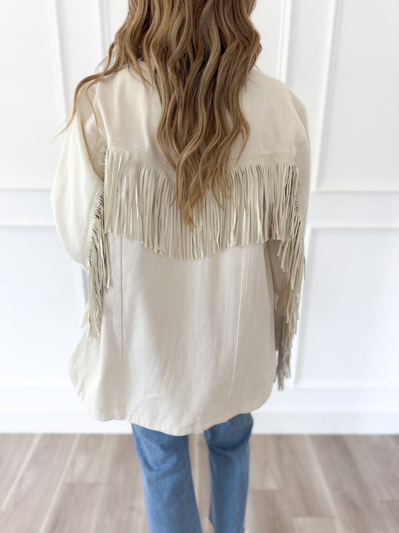 Megan Fringe Denim Jacket in Ecru