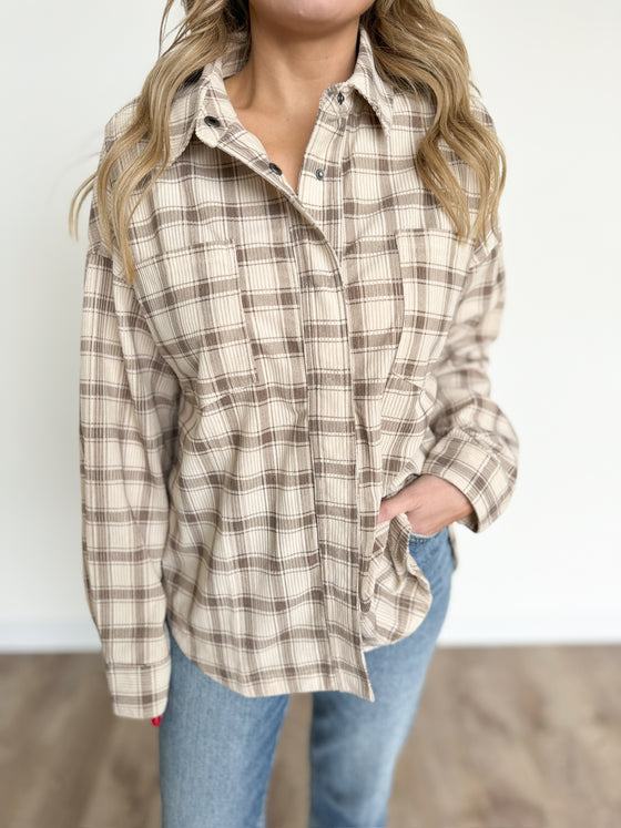 Naya Corduroy Plaid Shacket in Taupe