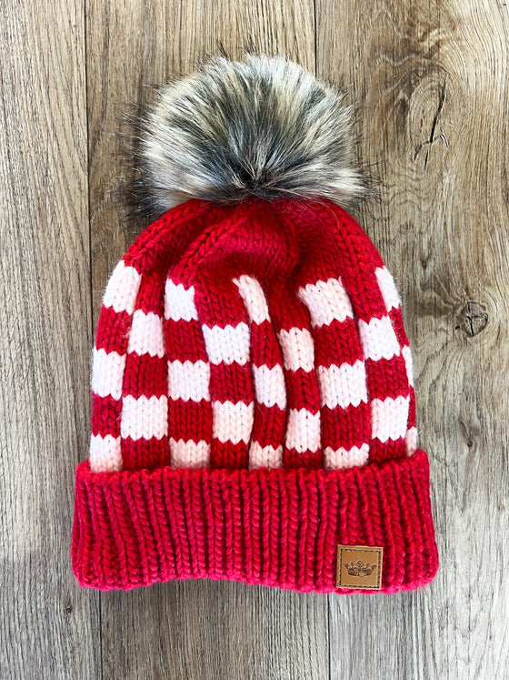 Panache Checkered Pom Beanie in Pink Red