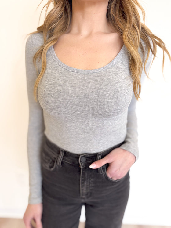 Esti Ribbed Scoop Neck LS Bodysuit in H Grey