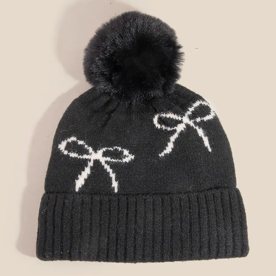 Daria Bow Pom Beanie in Black