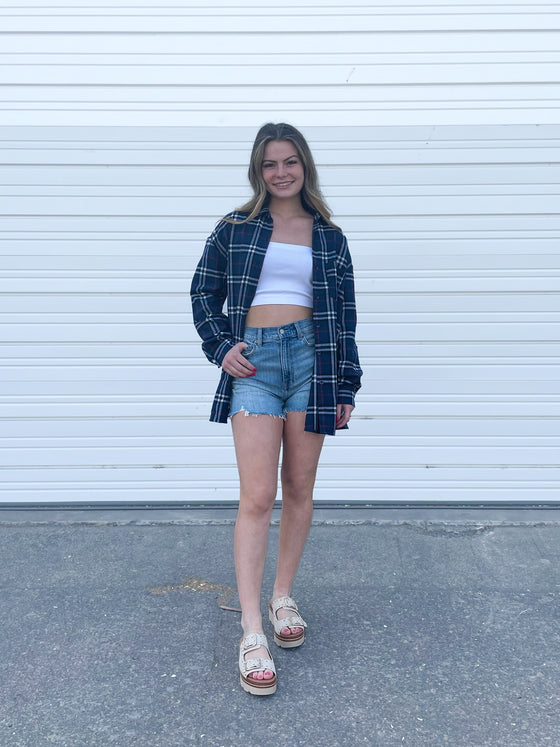 Hailey Plaid Oversized Top In Navy