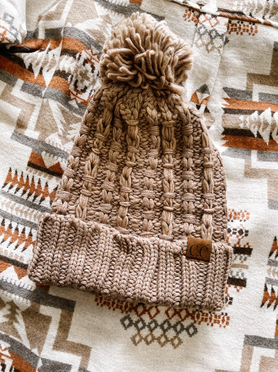 CC Slipstitch Yarn Pom Beanie in Taupe